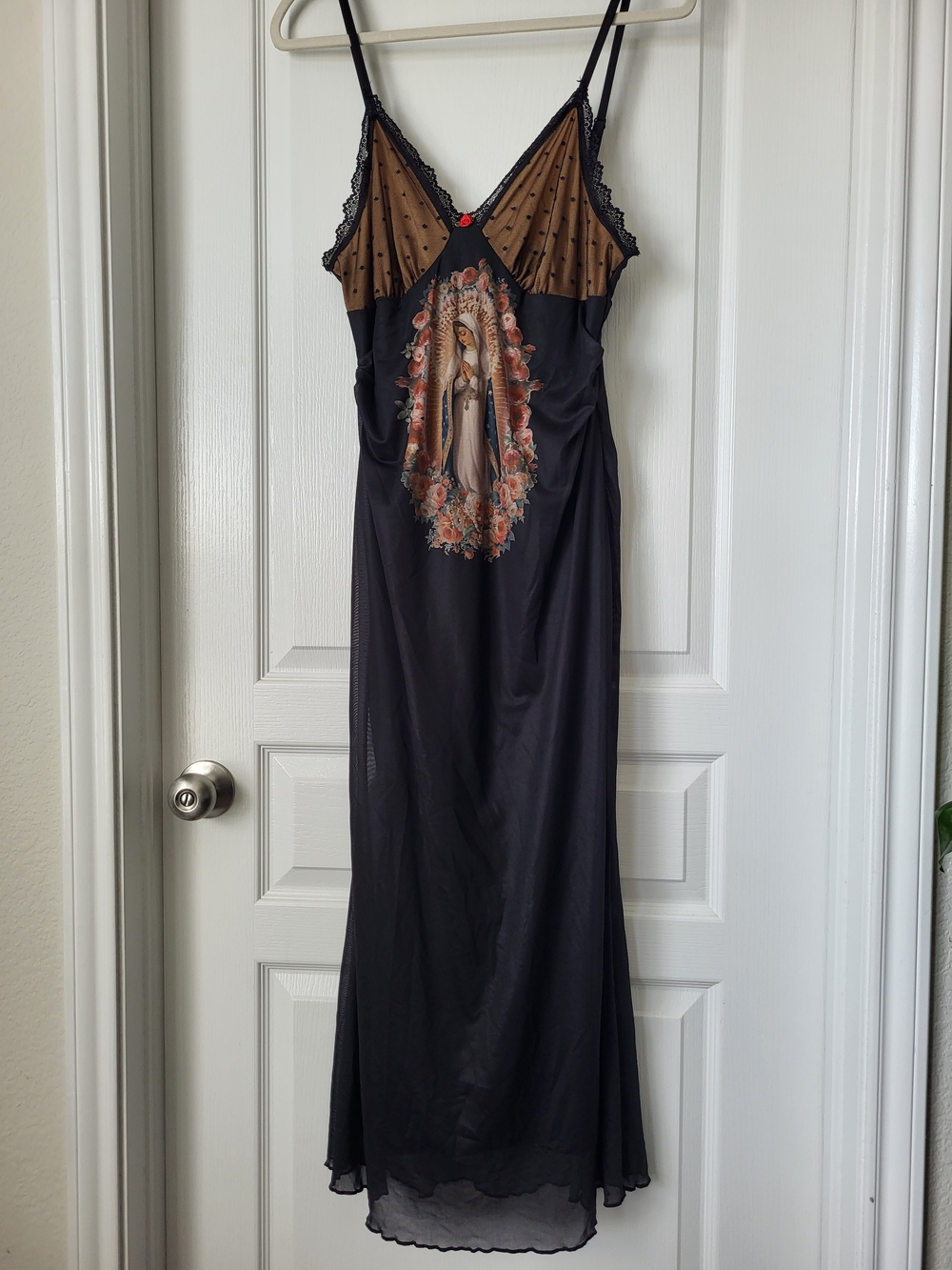 ROMWE Black Maxi Slip Dress with Brown Mesh and Floral Madonna Print